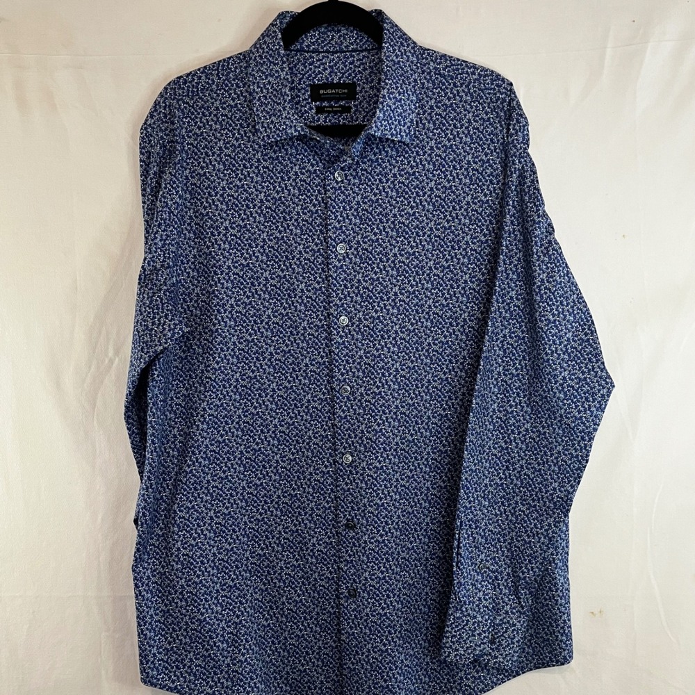 Bugatchi OoohCotton Tech Blue Geometric 8 Way Stretch Button Down Shirt Mens XL